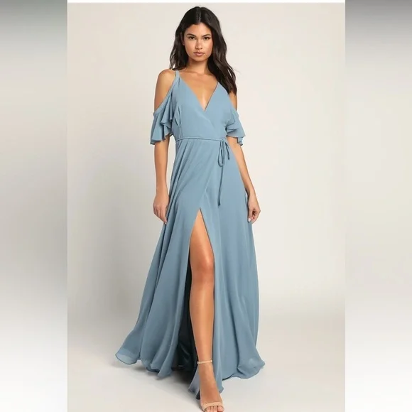 NWT Lulus Easy Listening Slate Blue Cold-Shoulder Wrap Maxi Dress - Picture 3 of 12